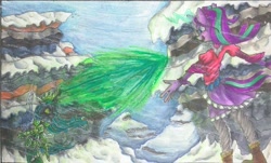 Size: 2316x1396 | Tagged: safe, artist:mkd, queen chrysalis, starlight glimmer, anthro, changeling, changeling queen, the ending of the end, angry, fight, laughing, magic, snow, traditional art, ultimate chrysalis, wind