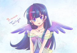 Size: 1300x900 | Tagged: safe, artist:foxmi, derpibooru import, twilight sparkle, twilight sparkle (alicorn), alicorn, human, bare shoulders, clothes, cute, cutie mark accessory, dress, ear piercing, earring, female, horned humanization, humanized, jewelry, looking at you, necklace, off shoulder, piercing, signature, solo, spread wings, twiabetes, winged humanization, wings