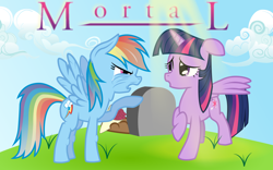 Size: 1920x1200 | Tagged: safe, artist:kittyhawk-contrail, derpibooru import, rainbow dash, twilight sparkle, twilight sparkle (alicorn), alicorn, pegasus, pony, angry, elderly, fanfic, fanfic art, fanfic cover, female, grave, gravestone, immortality, immortality blues, mare, mortality, mortality blues, old, twilight will outlive her friends