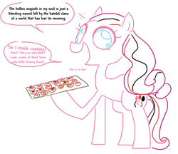 Size: 801x691 | Tagged: source needed, safe, artist:the weaver, pinkie pie, earth pony, pony, baking, cookie, cooking, food, goth, gothic pinkie, pinkie pie's boutique, simple background, solo, speech bubble, weaver you magnificent bastard, white background, you're doing it wrong