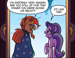 Size: 897x692 | Tagged: safe, artist:brendahickey, idw, starlight glimmer, sunburst, pony, unicorn, legends of magic, spoiler:comic, spoiler:comiclom4, cape, clothes, comic, cropped, dialogue, eyes closed, featureless crotch, glasses, implied shipping, implied starburst, implied straight, open mouth, plot, raised hoof, shipping fuel, smiling, sunburst's robe, underhoof