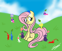 Size: 1200x1000 | Tagged: safe, artist:gearholder, fluttershy, pegasus, pony, blue pikmin, crossover, female, field, mare, nintendo, pikmin, pikmin 2, pikmin 3, purple pikmin, red pikmin, video game, white pikmin, winged pikmin, yellow pikmin