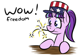 Size: 350x250 | Tagged: safe, artist:glimglam, starlight glimmer, pony, unicorn, 4th of july, american independence day, female, freedom, hat, holiday, independence day, mare, meme, mouth hold, simple background, smiling, solo, sparkler (firework), white background, wow! glimmer