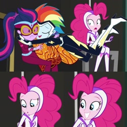 Size: 2048x2048 | Tagged: safe, derpibooru import, screencap, fili-second, masked matter-horn, pinkie pie, rainbow dash, twilight sparkle, zapp, equestria girls, movie magic, spoiler:eqg specials, clothes, costume, door, female, glomp, hug, out of context, power ponies