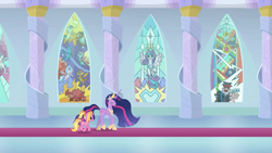Size: 1920x1080 | Tagged: safe, screencap, apple bloom, cozy glow, gallus, lord tirek, luster dawn, ocellus, princess flurry heart, queen chrysalis, sandbar, silverstream, smolder, sweetie belle, twilight sparkle, twilight sparkle (alicorn), yona, alicorn, changeling, changeling queen, pony, unicorn, the last problem, older, older flurry heart, stained glass, student six