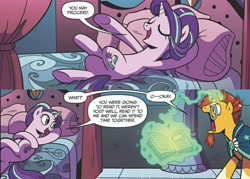 Size: 2689x1920 | Tagged: safe, idw, starlight glimmer, sunburst, pony, unicorn, legends of magic, spoiler:comiclom4, bed, book, comic, dialogue, duo, eyes closed, female, innuendo, levitation, magic, male, on back, open mouth, pillow, proceed, shipping fuel, smiling, telekinesis, underhoof