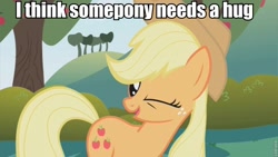 Size: 853x480 | Tagged: safe, applejack, earth pony, pony, image macro, solo