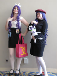 Size: 2736x3648 | Tagged: artist needed, safe, opalescence, rarity, human, beatnik rarity, beret, clothes, cosplay, hat, irl, irl human, momocon, photo, plushie