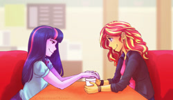 Size: 2085x1207 | Tagged: safe, artist:overlordneon, sunset shimmer, twilight sparkle, twilight sparkle (alicorn), alicorn, equestria girls, friendship games, clothes, coffee, deleted scene, female, lesbian, looking at each other, scene interpretation, shipping, smiling, sunsetsparkle