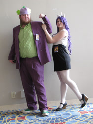 Size: 2736x3648 | Tagged: safe, artist:squibbers, rarity, spike, human, clothes, cosplay, high heels, irl, irl human, mary janes, momocon, momocon 2012, pantyhose, photo, shoes, skirt, suit, tube skirt