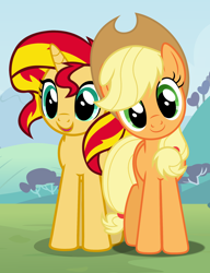 Size: 1704x2216 | Tagged: safe, artist:adcoon, artist:dashiesparkle, artist:sapphireartemis, artist:themexicanpunisher, applejack, sunset shimmer, earth pony, pony, unicorn, appleshimmer, cowboy hat, cute, female, hat, jackabetes, lesbian, looking at you, mare, open mouth, request, shimmerbetes, shipping, smiling, stetson