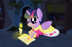 Size: 7954x5146 | Tagged: safe, artist:drawponies, derpibooru import, twilight sparkle, twilight sparkle (alicorn), alicorn, pony, absurd resolution, book, candle, clothes, coronation dress, dress, female, mare, smiling, solo