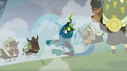 Size: 1675x941 | Tagged: safe, screencap, queen chrysalis, changeling, changeling queen, yak, the ending of the end, female, horn