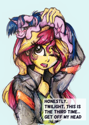 Size: 738x1038 | Tagged: safe, artist:buttersprinkle, sunset shimmer, twilight sparkle, equestria girls, cute, pony hat, shimmerbetes, size difference, text, tiny, tiny ponies, traditional art, twiabetes