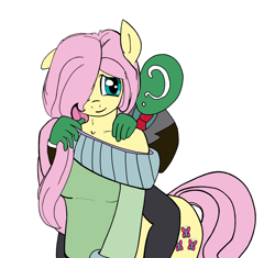 Size: 2640x2484 | Tagged: safe, artist:nasse, fluttershy, oc, oc:anon, anthro, centaur, human, ponytaur, taur, anthro centaur, centaurshy, clothes, colored, female, floppy ears, male, off shoulder, pegataur, riding, sweater, sweatershy