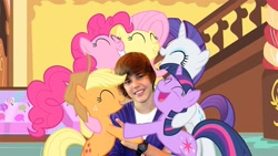 Size: 1067x600 | Tagged: safe, derpibooru import, applejack, fluttershy, pinkie pie, rarity, twilight sparkle, earth pony, pegasus, pony, unicorn, background pony strikes again, drama, hug, justin bieber, mane six