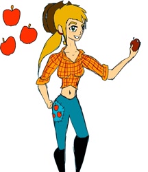 Size: 931x1080 | Tagged: safe, artist:angie-werewolf, applejack, clothes, female, humanized, skinny