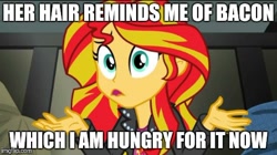 Size: 490x275 | Tagged: safe, edit, edited screencap, screencap, sunset shimmer, equestria girls, bacon hair, caption, grammar error, image macro, meme, solo