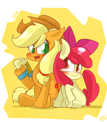 Size: 1400x1600 | Tagged: safe, artist:kty159, apple bloom, applejack, earth pony, pony, abstract background, blank flank, blushing, cider, cider mug, colored pupils, duo, duo female, female, filly, looking at each other, mare, mug, open mouth, signature, sisters, sitting, smiling, underhoof