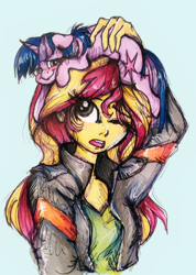 Size: 738x1038 | Tagged: safe, artist:buttersprinkle, sunset shimmer, twilight sparkle, equestria girls, blushing, cute, floppy ears, looking up, one eye closed, open mouth, pony hat, sheepish grin, shimmerbetes, simple background, size difference, tiny ponies, traditional art, twiabetes