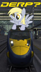 Size: 610x1050 | Tagged: safe, derpy hooves, emu, pegasus, pony, class 395, derp, female, game, mare, railroad, riding, train, train simulator 2014, train station