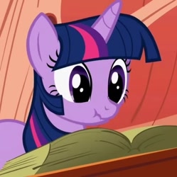 Size: 477x478 | Tagged: safe, derpibooru import, screencap, twilight sparkle, unicorn twilight, pony, unicorn, look before you sleep, book, cropped, female, golden oaks library, mare, scrunchy face, solo