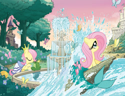 Size: 981x756 | Tagged: safe, artist:tonyfleecs, idw, fluttershy, butterfly, frog, mermaid, castle, comic cover, cover, fountain, micro-series, the frog prince, the little mermaid, the princess and the frog