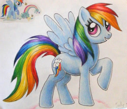 Size: 935x800 | Tagged: safe, artist:andpie, derpibooru import, rainbow dash, pegasus, pony, female, mare, raised hoof, solo, spread wings, traditional art, wings