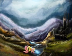 Size: 3300x2550 | Tagged: safe, artist:scarlett-scribble, fluttershy, pegasus, pony, female, mare, pink mane, scenery, yellow coat