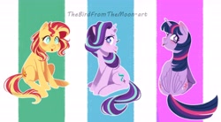 Size: 6551x3609 | Tagged: safe, artist:thebirdfromthemoon, starlight glimmer, sunset shimmer, twilight sparkle, twilight sparkle (alicorn), alicorn, pony, unicorn, absurd resolution, backwards cutie mark, blushing, both cutie marks, cute, female, glimmerbetes, looking back, mare, shimmerbetes, sitting, smiling, tongue out, trio, trio female, twiabetes