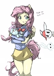 Size: 2150x3035 | Tagged: safe, artist:twilightlimits, angel bunny, fluttershy, carrying, humanized, marvelous melmo, pixiv, pony coloring, tailed humanization, unico, winged humanization