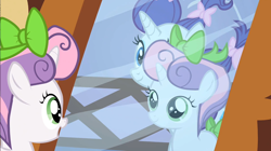 Size: 1394x783 | Tagged: safe, screencap, rarity, sweetie belle, pony, unicorn, sisterhooves social, animation error, bow, mirror, reflection