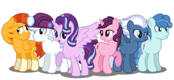 Size: 3685x1700 | Tagged: safe, artist:stellardusk, double diamond, night glider, party favor, starlight glimmer, sugar belle, sunburst, alicorn, earth pony, pegasus, pony, unicorn, alicornified, alternate hairstyle, alternate mane six, alternate universe, equal four, female, male, mare, pegasus sunburst, race swap, simple background, stallion, starlicorn, transparent background, vector, xk-class end-of-the-world scenario