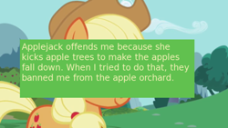 Size: 500x281 | Tagged: safe, screencap, applejack, earth pony, pony, meta, offensive ponies, text