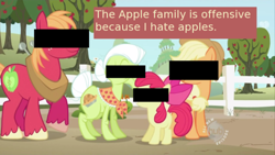 Size: 500x281 | Tagged: safe, edit, edited screencap, screencap, apple bloom, applejack, big macintosh, granny smith, earth pony, pony, family appreciation day, apple family, meta, offensive ponies, text