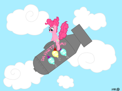 Size: 1024x768 | Tagged: safe, artist:mrvillan, pinkie pie, earth pony, pony, atomic bomb, bomb, dr. strangelove, nuclear weapon, partillery, party bomb, riding a bomb, solo