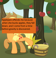 Size: 900x934 | Tagged: safe, applejack, earth pony, pony, apple, applebucking, gravity, meta, offensive ponies, text, tree