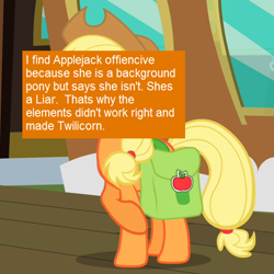 Size: 540x540 | Tagged: safe, screencap, applejack, earth pony, pony, the last roundup, meta, offensive ponies, text, train, troll logic