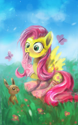 Size: 800x1280 | Tagged: safe, artist:bloodrizer, fluttershy, butterfly, pegasus, pony, rabbit, clothes, socks, solo