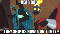 Size: 947x533 | Tagged: safe, edit, edited screencap, screencap, lord tirek, queen chrysalis, changeling, changeling queen, the ending of the end, caption, disgusted, holding hands, image macro, meta, realization, shipping, text