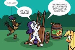 Size: 1120x755 | Tagged: safe, artist:toonbat, applejack, rarity, earth pony, pony, unicorn, spike at your service, aroused, barrel, belly button, bipedal, blatant lies, blushing, bondage, cart, crying, damsel in distress, dastardly whiplash, eyes on the prize, featureless crotch, female, happy bondage, hat, lesbian, moustache, puppet, rarijack, roleplaying, rope, rope bondage, seems legit, shipping, the things we do for love, tied up, timber wolf puppet, tnt, top hat