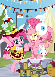 Size: 639x900 | Tagged: safe, artist:pixelkitties, angel bunny, fluttershy, gummy, pinkie pie, pegasus, pony, cider, clothes, jester, jester pie, pinkie costume, pixelkitties' brilliant autograph media artwork, pony costume, ruff (clothing)