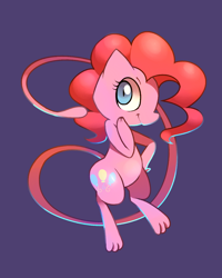 Size: 1024x1280 | Tagged: safe, artist:karzahnii, pinkie pie, blue background, crossover, cute, female, legendary pokémon, mew, parody, pokefied, pokémon, purple background, simple background, solo, species swap