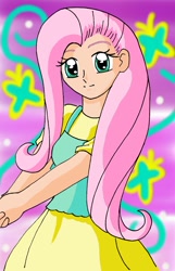 Size: 1095x1699 | Tagged: safe, artist:reina-del-caos, fluttershy, clothes, female, humanized, pink hair, solo