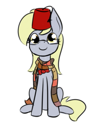 Size: 435x579 | Tagged: safe, artist:lilliesinthegarden, derpy hooves, pegasus, pony, accessory swap, adorkable, bowtie, clothes, cute, derpabetes, doctor who, dork, female, fez, glasses, hat, implied doctor whooves, looking at you, mare, request, scarf, sitting, smiling, solo