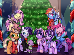 Size: 2013x1508 | Tagged: safe, artist:cloureed, derpibooru import, applejack, fluttershy, pinkie pie, rainbow dash, rarity, spike, starlight glimmer, twilight sparkle, twilight sparkle (alicorn), alicorn, dragon, earth pony, pegasus, pony, unicorn, clothes, female, hearts warming day, male, mane eight, mane seven, mane six, mare, redraw, tree, watermark