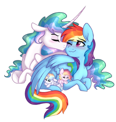 Size: 1048x1096 | Tagged: safe, artist:saphi-boo, derpibooru import, princess celestia, rainbow dash, oc, alicorn, pegasus, pony, blushing, dashlestia, female, foal, kiss on the cheek, kissing, lesbian, magical lesbian spawn, next generation, offspring, parent:princess celestia, parent:rainbow dash, parents:dashlestia, shipping, simple background