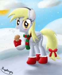 Size: 1000x1200 | Tagged: safe, artist:bugplayer, derpy hooves, pegasus, pony, blushing, boots, bow, clothes, cloud, cloudy, earmuffs, female, happy, mare, muffin, scarf, shoes, smiling, snow, snowfall, socks, solo, stockings, winter