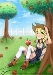 Size: 494x700 | Tagged: safe, artist:magicalsakura, applejack, humanized, sitting, solo, tree