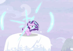 Size: 604x420 | Tagged: safe, screencap, queen chrysalis, starlight glimmer, pony, unicorn, the ending of the end, animated, magic, snow, solo, teleportation